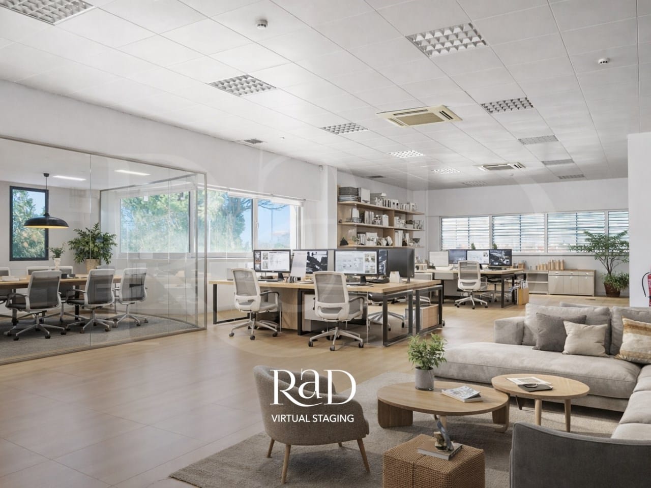 Zona de trabalho com sala de reuniões envidraçada e sofás