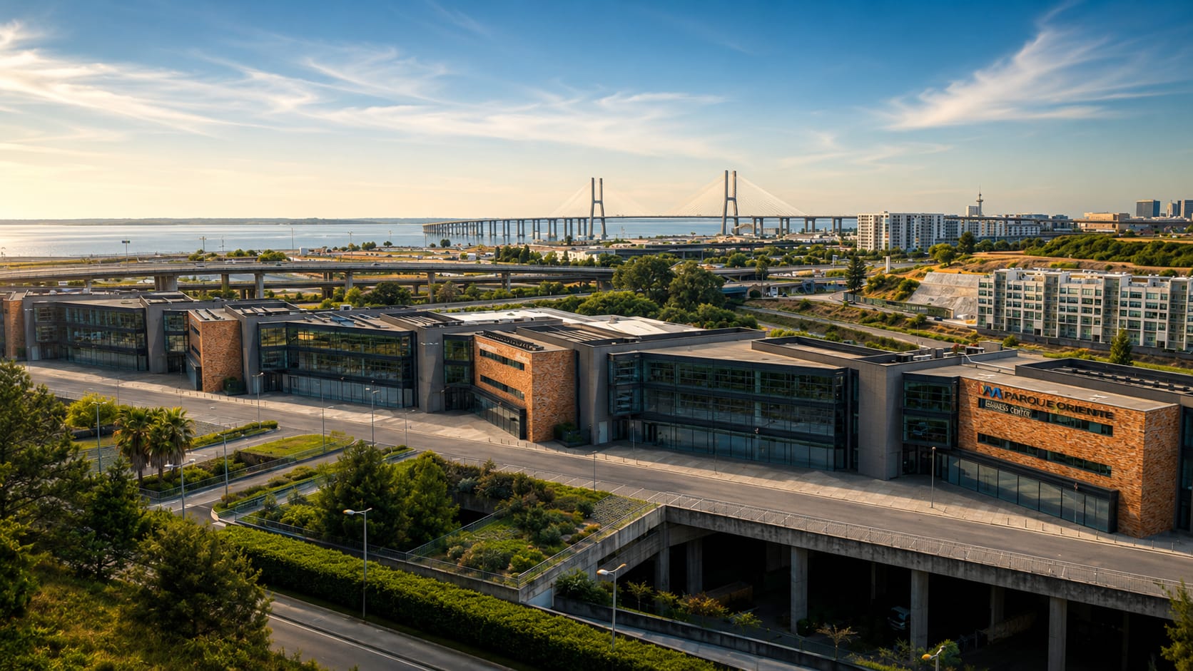 Aerial view of Parque Oriente by the Tagus, with the Vasco da Gama Bridge in the background