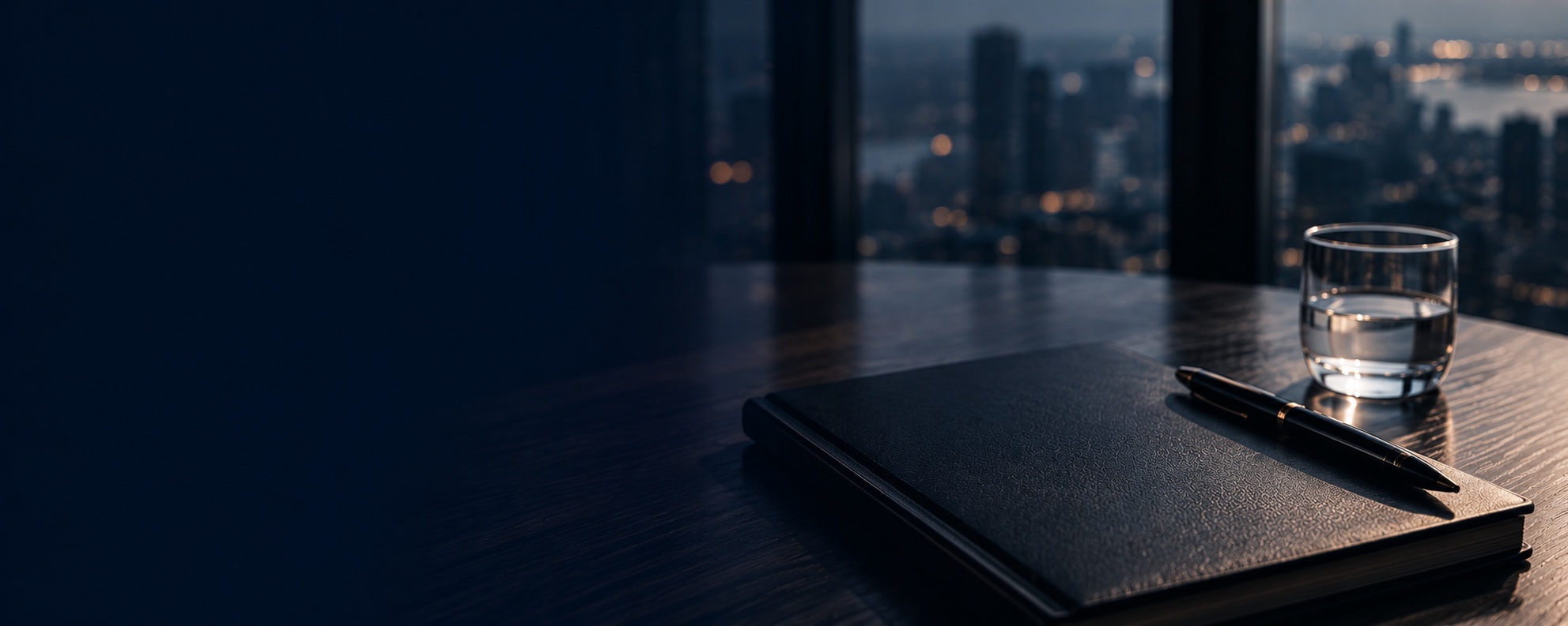 Caderno, caneta e copo de água sobre uma secretária com vista de cidade ao anoitecer